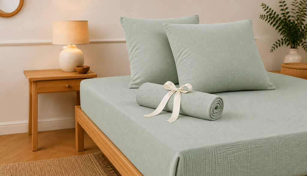 Pack Drap Housse 140 x 190 cm + 2 Taies d’Oreiller 60 x 60 cm Double Gaze de Coton GAÏA Eucalyptus