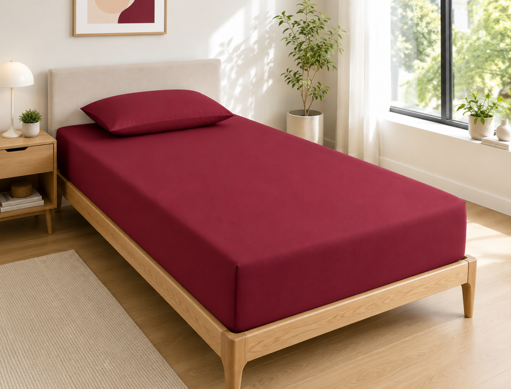 Drap Housse 90x190 cm 1 Place 100% Coton 57 Fils/cm² Bonnet 30 cm Grenat