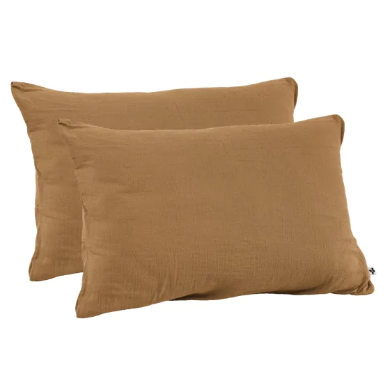 Lot de 2 Taies d’Oreiller en Double Gaze de Coton – 50 x 70 cm – Camel