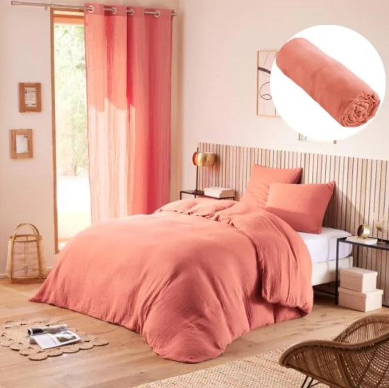 Pack Housse de couette 240 x 220 cm Gaze de coton + drap housse 140x190 Rose
