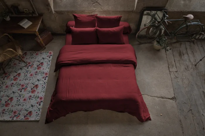 Pack double gaze de coton luxe housse de couette 240 x 220 cm + 2 taies d'oreiller 60 x 60 Bordeaux