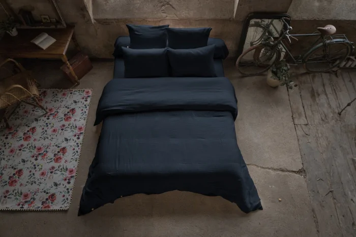 Pack double gaze de coton luxe housse de couette 240 x 220 cm + 2 taies d'oreiller 60 x 60 Bleu foncé