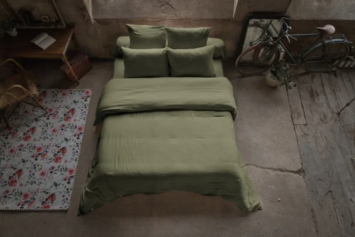 Pack double gaze de coton luxe housse de couette 240 x 220 cm + 2 taies d'oreiller 60 x 60 Romarin