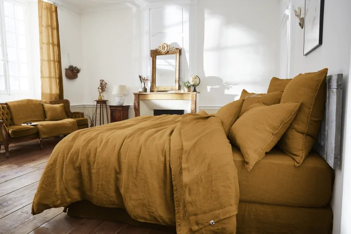 Drap Plat Soline 100% lin lavé – 240 x 300 cm – Caramel (Lin Français)