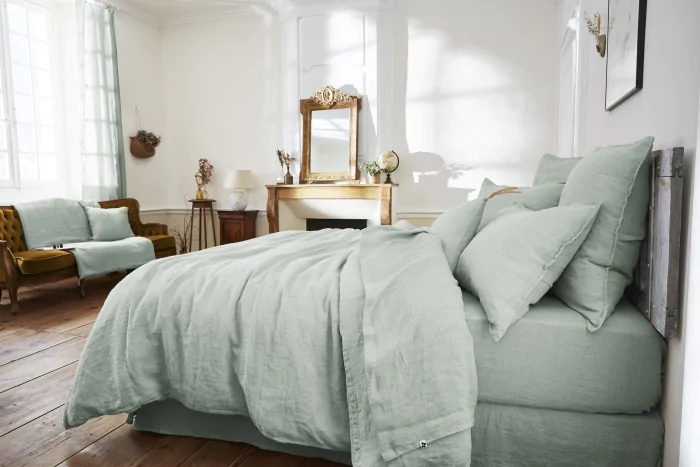 Drap Plat Soline 100% lin lavé – 240 x 300 cm – Eucalyptus (Lin Français)