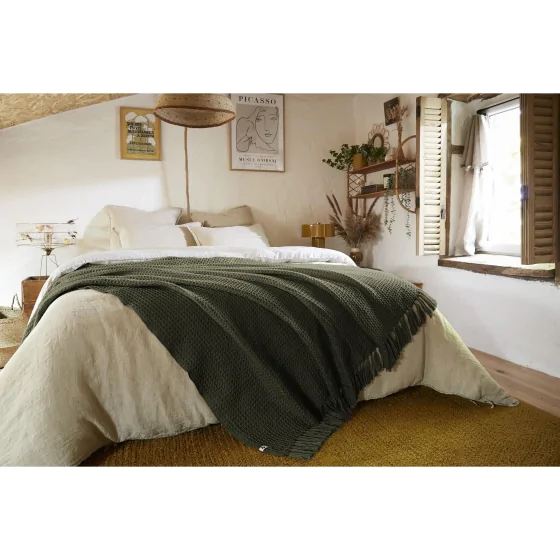Couvre-lit à franges 240 x 260 cm bouteille recyclé Gabin Vert kaki