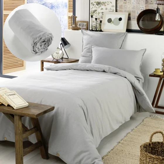 Pack Housse de couette chaude en flanelle 140 x 200 cm + drap housse 90x190  Gris clair