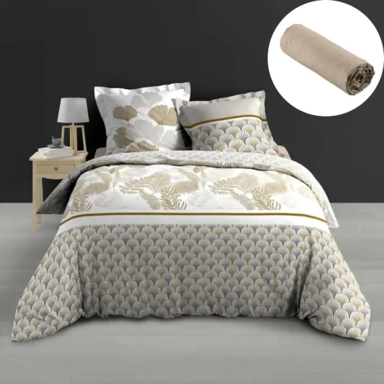 Pack housse de couette 260 x 240 cm  percale 78 fils Melisse + DH 160x200 cm Sable