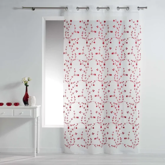 Panneau a oeillets 140 x 240 cm voile sable brode petite fleur Blanc/Rouge