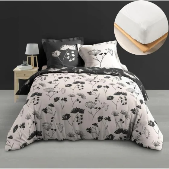 Ensemble Housse de Couette Iris 240 x 220 cm + 2 Taies en Percale de Coton 78 Fils avec Drap Housse Blanc 140