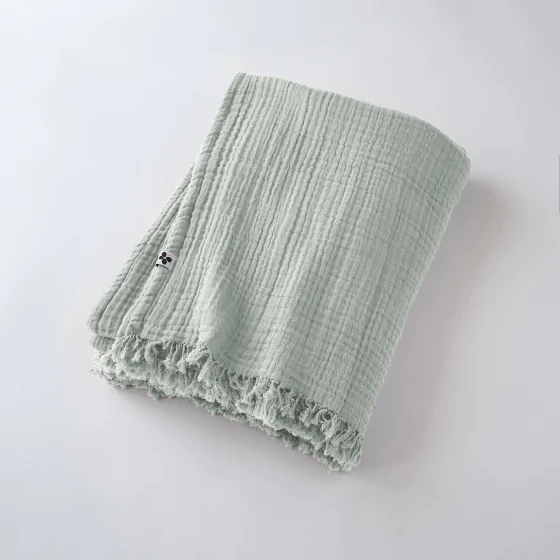 plaid à franges 130 x 160 cm gaze de coton unie gaïa eucalyptus