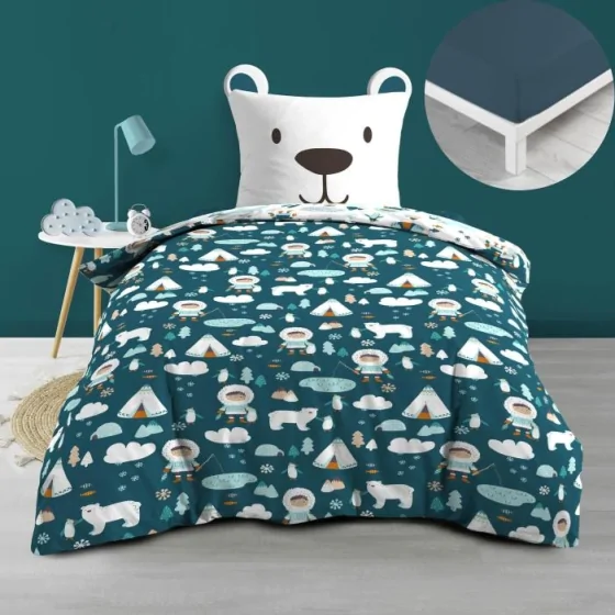 Pack housse de couette enfant 140 x 200 cm Igloo + drap housse 90 x 190 Bleu
