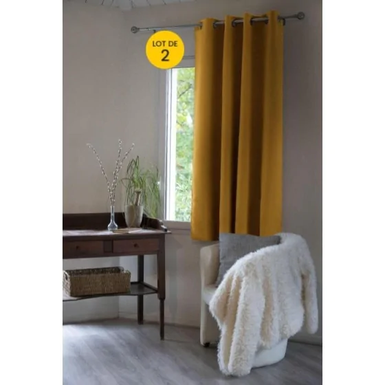 Lot de 2 Rideaux luxe occultant + isolant phonique polaire L140 x H180 cm Inuit Moutarde