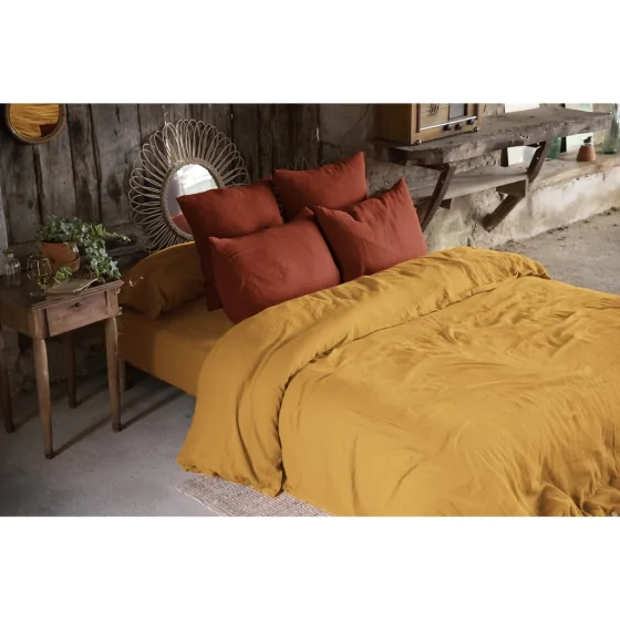 Housse de couette double gaze de coton Bio 240x220 cm 2 taies Saffran/Terracotta