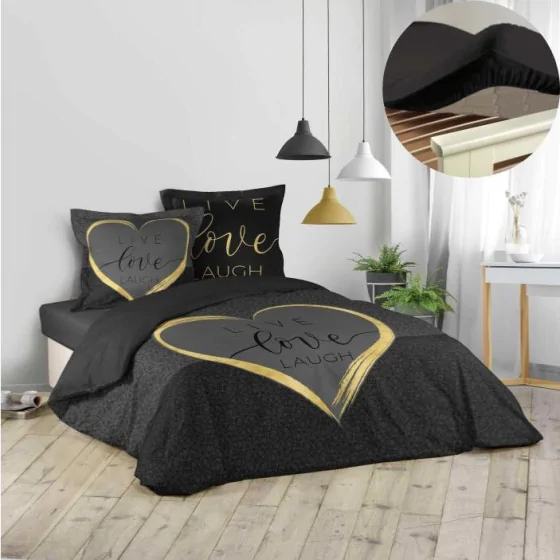 Pack housse de couette 220x240 cm Crazy + drap housse 140x190x30 Noir