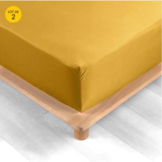 Lot de 2 Drap housse percale de coton 78fils ultra doux 160 x 200 cm Curry