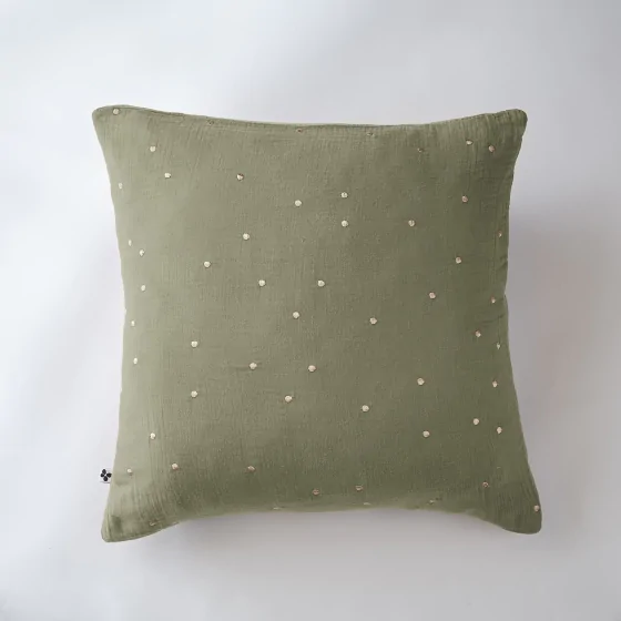 Taie d'oreiller gaze de coton brodée fil or 60 x 60 cm Gaia Chic Romarin