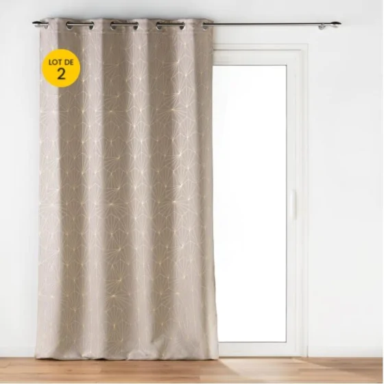 Lot de 2 Rideaux à Oeillets (140 x 260 cm) ECLAT Taupe, Occultant Imprimé Métallisé