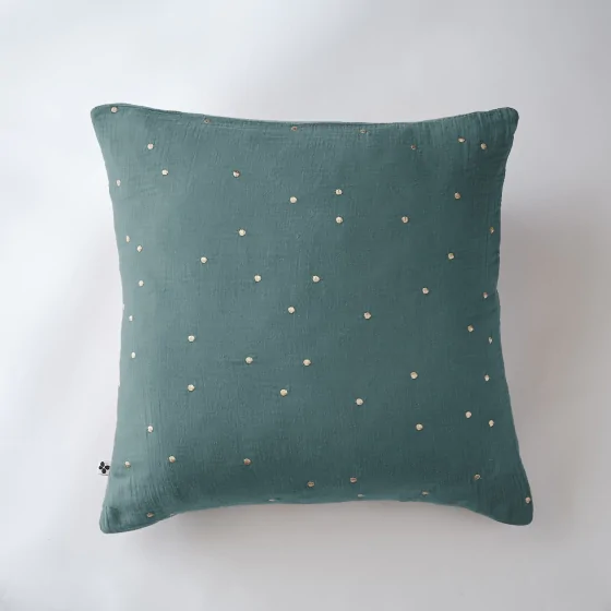 Taie d'oreiller gaze de coton brodée fil or 60 x 60 cm Gaia Chic Bleu canard
