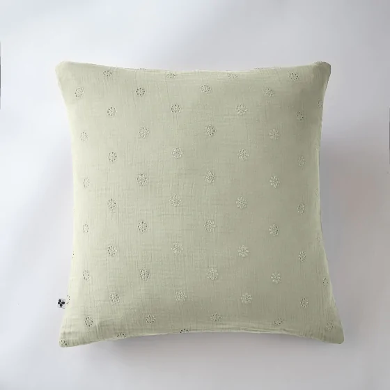 Taie d'oreiller brodée en gaze de coton 60 x 60 cm Gaïa Boho Vert d'eau