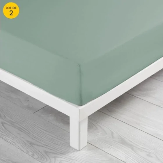 Lot de 2 Drap housse 140 x 190 x 30 cm Linette coton lavé  57 fils Sauge