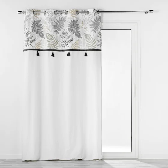 RIDEAU À ŒILLETS 140 x 240 CM – CHAMBRAY UNI + TOP IMPRIMÉ + POMPONS – MÉLISANDRE TOP CRÈME