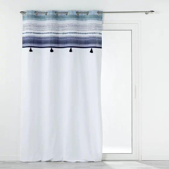  Rideau À Œillets 140 x 240 cm Coton Uni + Top Imprimé Bleu & Pompons – Mikonos Bleu