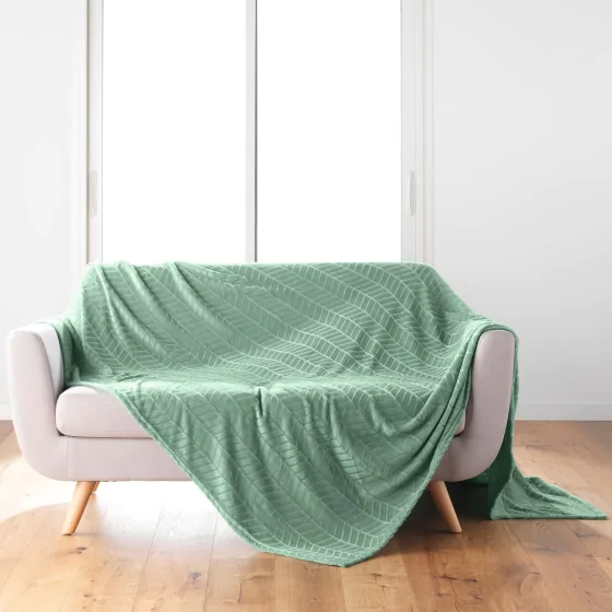  Plaid 180 x 220 cm en flanelle relief uni – Modèle ARYA – Coloris Sauge