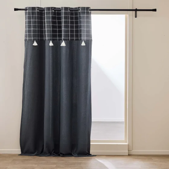 Rideau à Œillets 140 x 240 cm – Coton/Polyester avec Top Tissé et Pompons EVEREST Anthracite