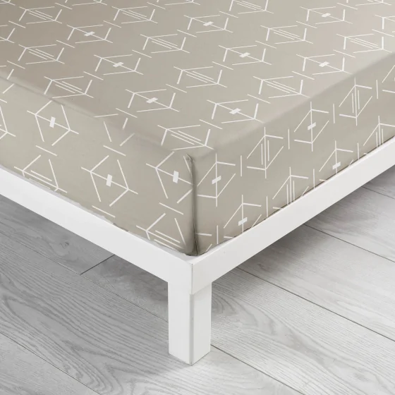 Drap-Housse 90 x 190 cm – Coton 57 Fils – Bonnet 30 cm – Naturel Motif Géométrique