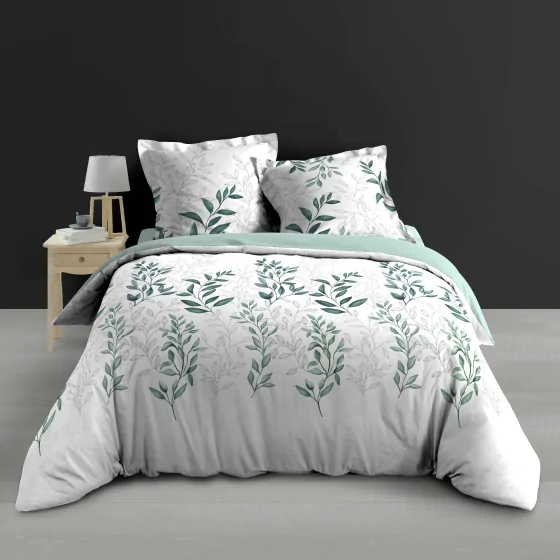 Parure de lit 260 x 240 cm + 2 taies – Percale 78 fils – WENDY – Imprimé feuillage 