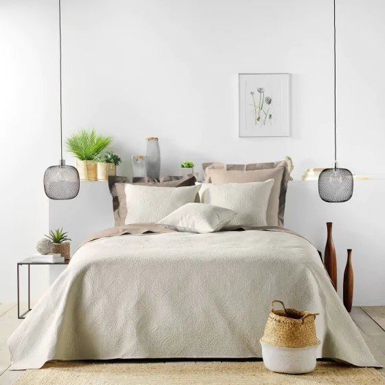 Couvre-lit 2 personnes avec 2 housses de coussin – 240 × 260 cm – Microfibre Romane Naturel