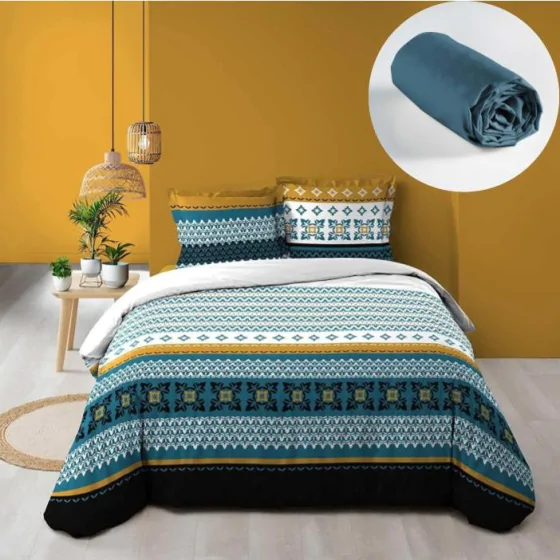 Pack housse de couette 220x240 cm Daria + drap housse 140x190x30 Bleu