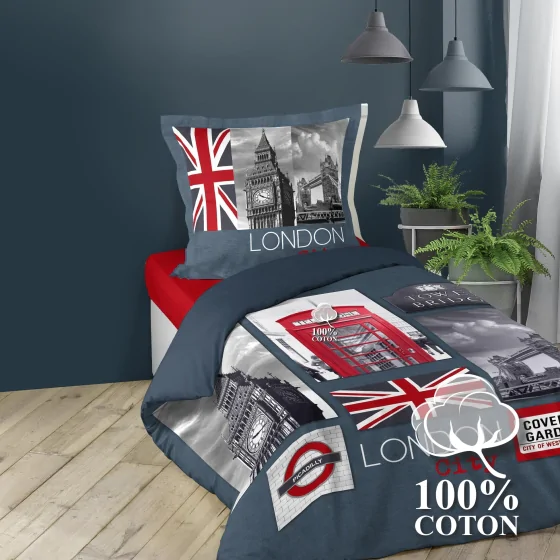 Housse de couette enfant 140 x 200 cm coton + 1 taie Londres Big ben