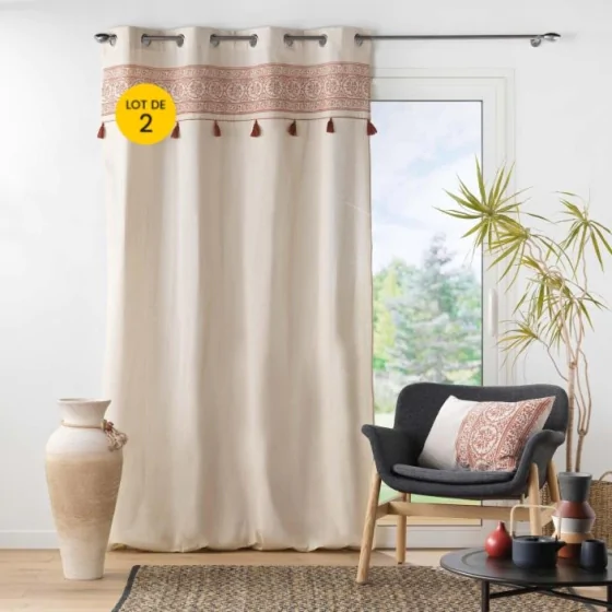 Lot de 2 Rideaux  a oeillets 140 x 240 cm polycoton+ pompons Isalina Terracotta