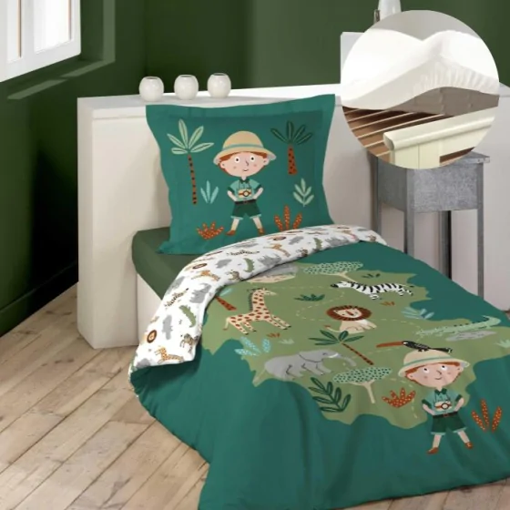 Pack parure de couette enfant 140x200 cm Leo + drap housse 90x190 Blanc