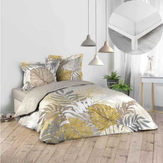 Pack parure de couette 240 x 220 cm Mogador + drap housse 140 x 190 x 30 Blanc
