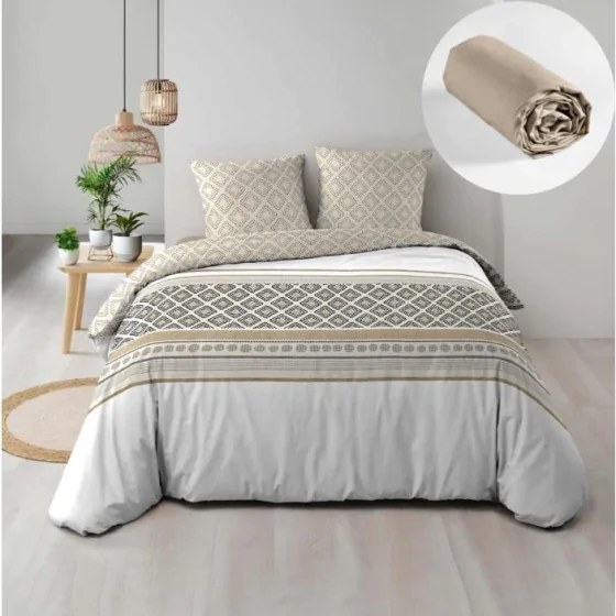 Pack parure de couette 220 x 240 cm Sybille + drap housse (140) Beige