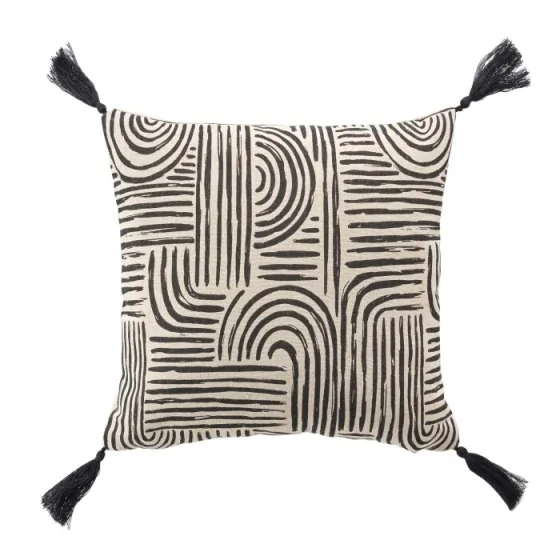 Coussin dehous. pompons 45 x 45 cm polycoton imprime Pandore Noir