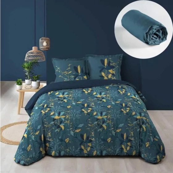 Pack housse de couette 220x240 cm Graminella + drap housse 140x190x30 Bleu