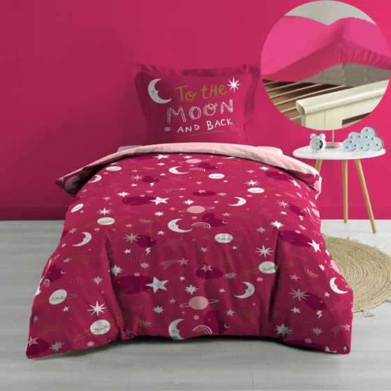 Pack Housse de couette enfant Phosphorescente 140 x 200 cm  Moonlight Rose + Drap housse 90x190 Rose