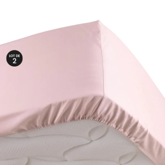 Lot de 2 Drap housse 100% percale ultra doux 160 x 200 cm 78 fils bonnet 30 cm Rose