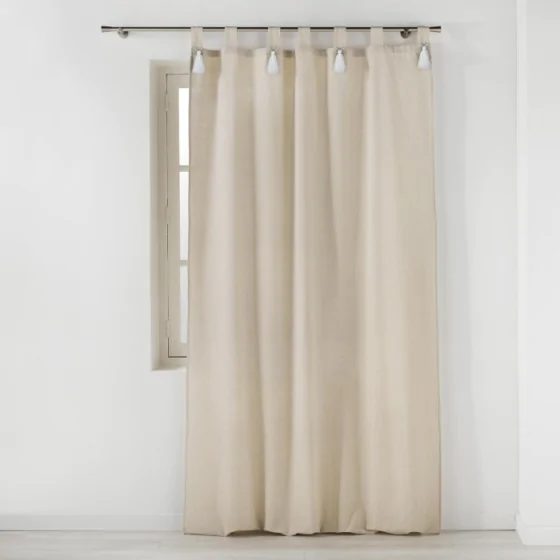 Rideau a passants+pompon blanc 140 x 240 cm polycoton uni cyrine Sans