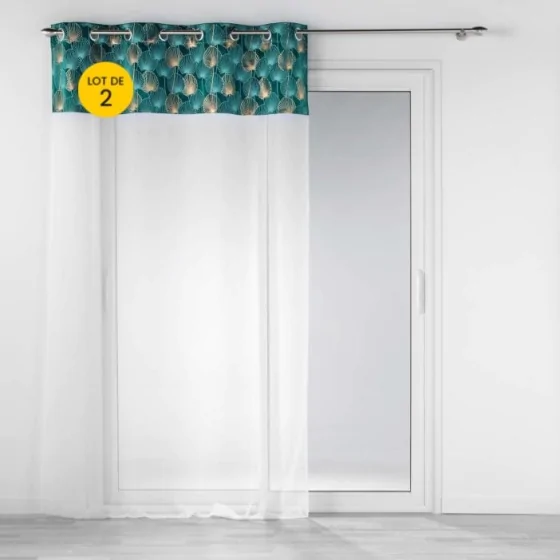Lot de 2 Voilages 140 x 240 cm voile sablé + haut velours Clairine Emeraude