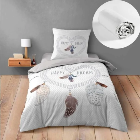 Pack housse de couette enfant Happy dream 140 x 200 cm + drap housse Blanc