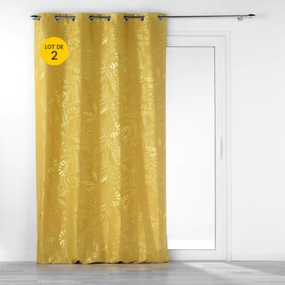 Lot de 2  Rideaux tamisant à oeillets  140 x 260 cm Imprimé métalillisé Belflor Jaune/Or