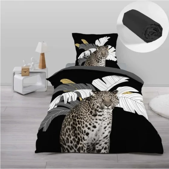 Pack parure de couette enfant Rexa 140 x 200 cm + drap housse 90 x 190 x 30 cm Noir