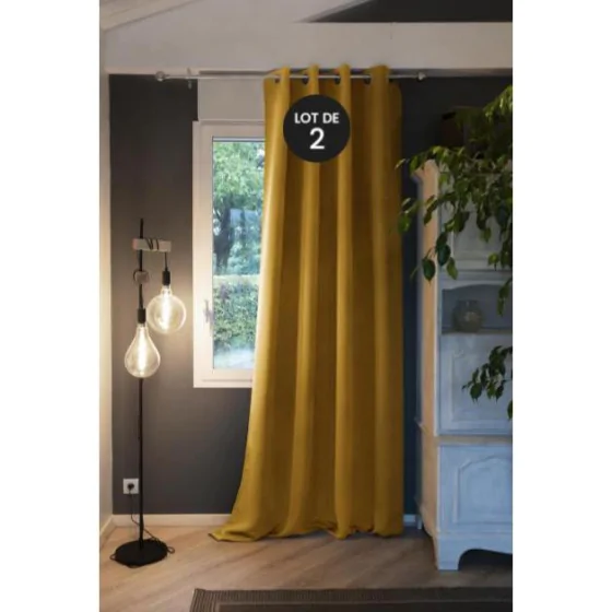 Lot de 2 Rideaux luxe occultant + isolant phonique polaire L180 x H260 cm Laponie Jaune