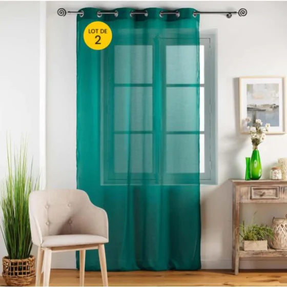 Lot de 2 Voilages unis a oeillets 140 x 240 cm Etamina Emeraude