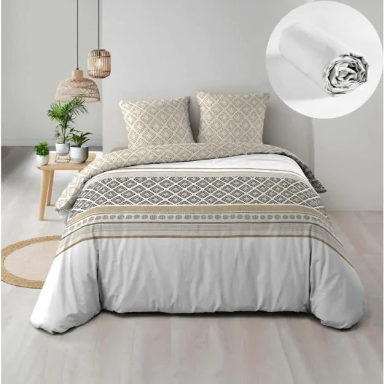 Pack parure de couette 220 x 240 cm Sybille + drap housse (140) Blanc